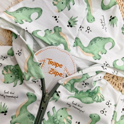 Conj. Jaqueta Xadrez Dinossauros e Calça em Malha Térmica - Off White e Verde